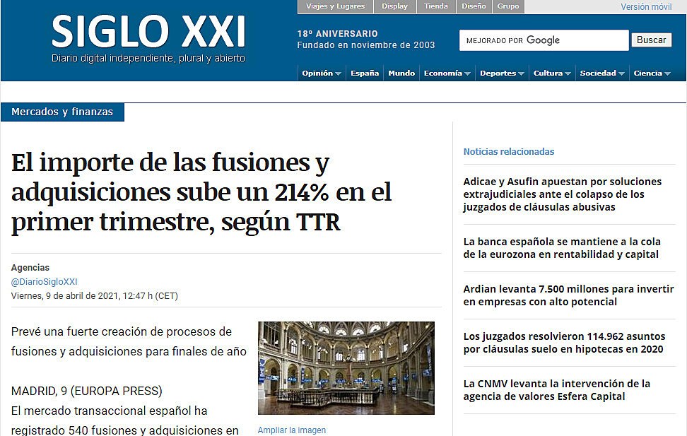 El importe de las fusiones y adquisiciones sube un 214% en el primer trimestre, segn TTR